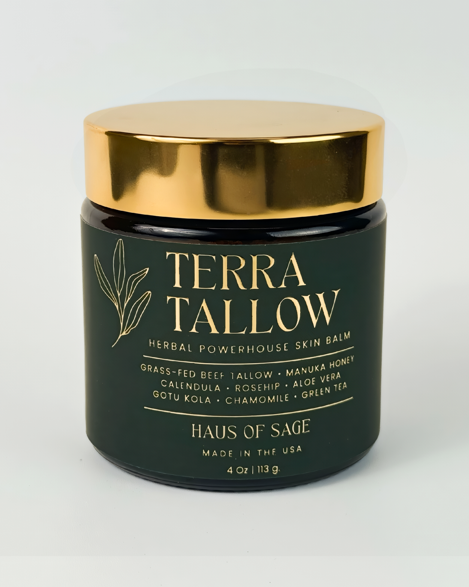 Terra Tallow balm jar with gold lid on a white background