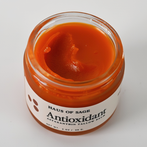 Top view open jar of Haus of Sage Antioxidant Astaxanthin Tallow Balm on a white background