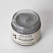 Jar of Haus of Sage activated charcoal deodorant on a light gray background