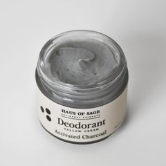 Jar of Haus of Sage activated charcoal deodorant on a light gray background
