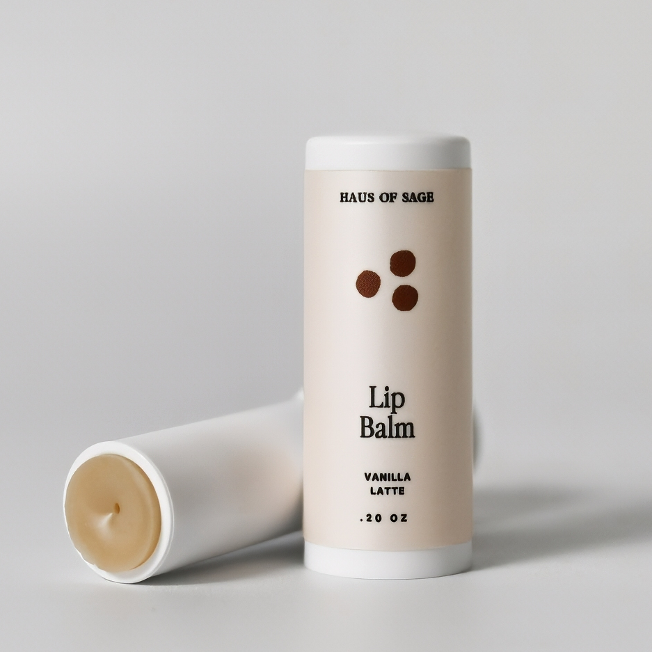Lip balm container with 'Haus of Sage' branding on a light gray background